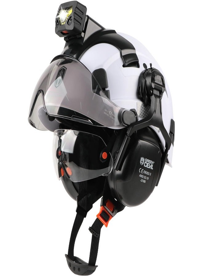 GREEN DEVIL Hard Hat Safety Helmet with Rechargeable Headlamp Light and Visor Ear Muffs Vented Work Hardhat ANSI Z89.1 Cascos De Construccion for Industrial Construction Forestry - Image 1